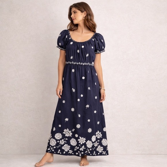 Gretchen Scott Designs Dresses & Skirts - GRETCHEN SCOTT Big Love Dress Blue Embroider Midi Maxi Off The Shoulder Cotton M